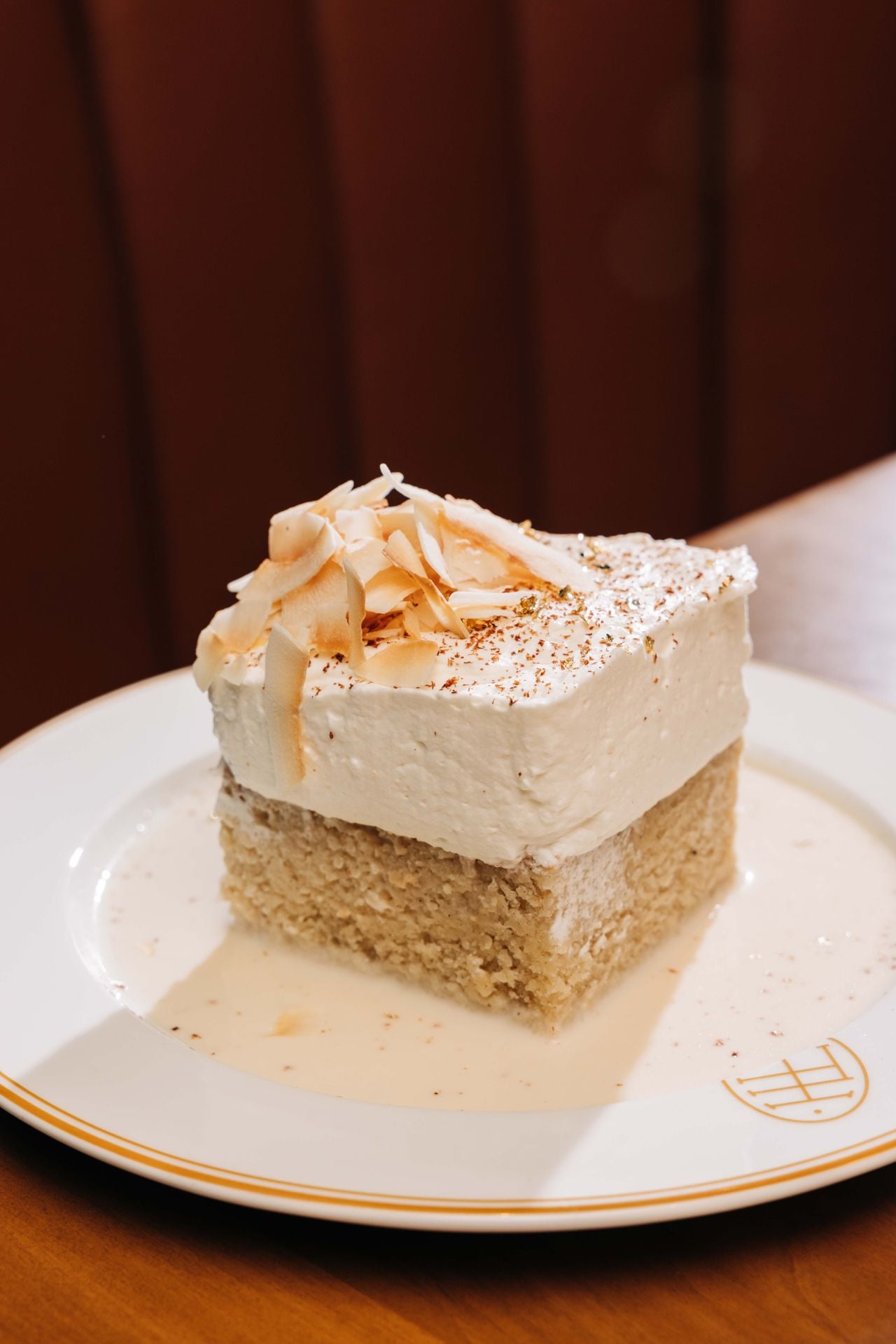 A slab of coconut tres leches cake