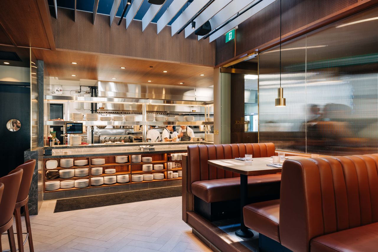 Looking from the dining room to the open kitchen at the Frederick