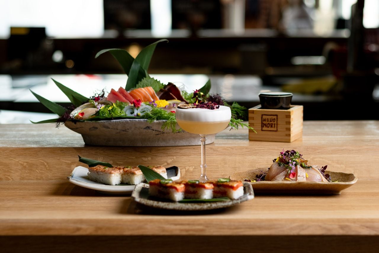 A cocktail and sushi at Hello Nori