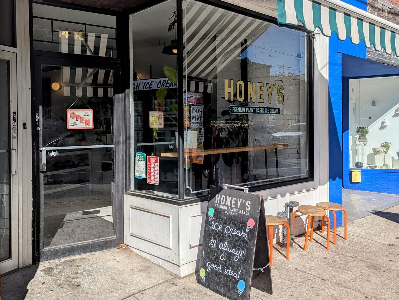 The exterior of Honey's, a plant-based ice cream shop in Toronto's Little Portugal neighbourhood