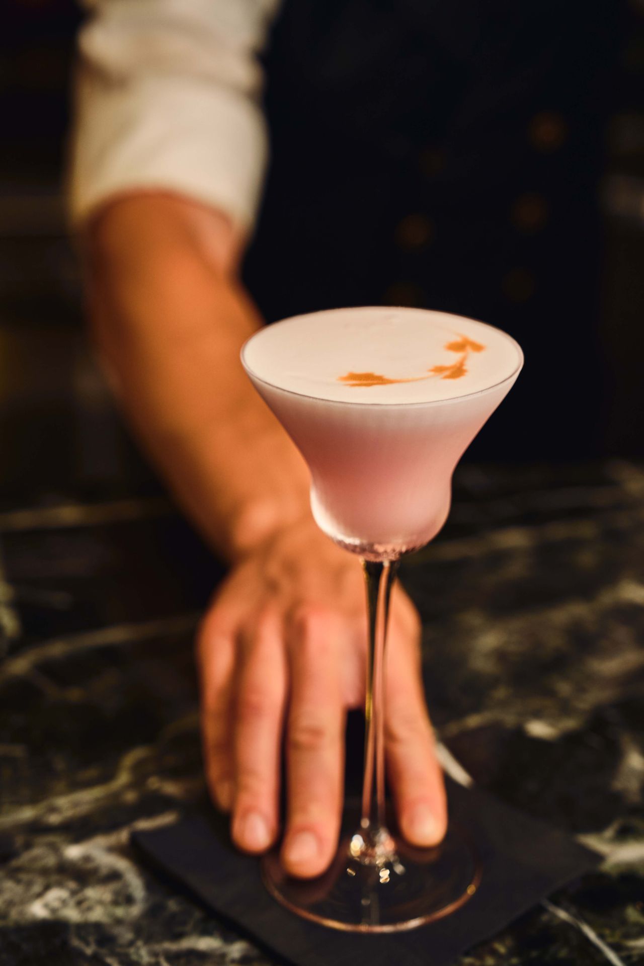 Annika No. 5 is a tropical blend of tequila blanco, lychee, dragonfruit, fresh lime juice and egg white
