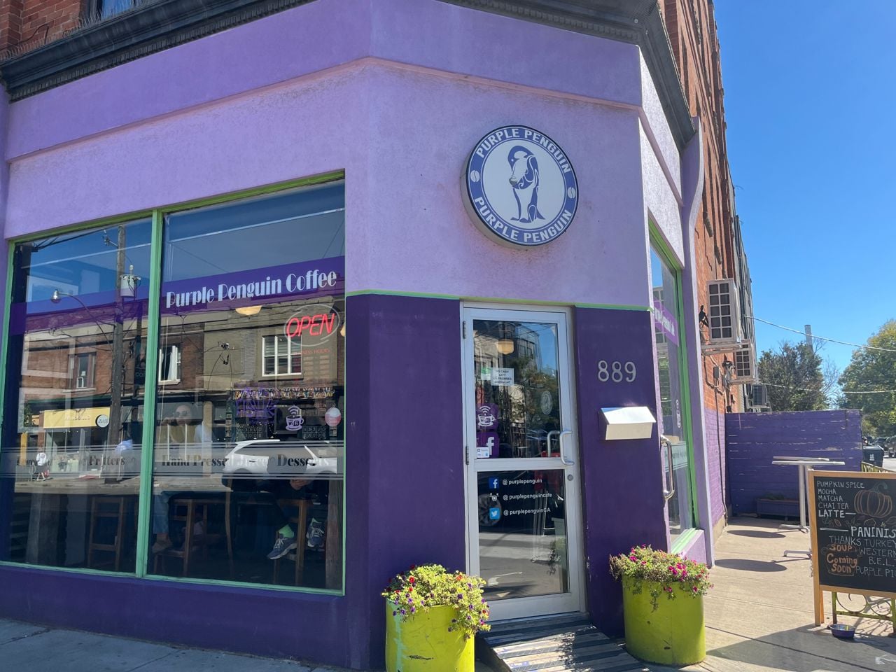 The exterior of Purple Penguin Cafe in Leslieville
