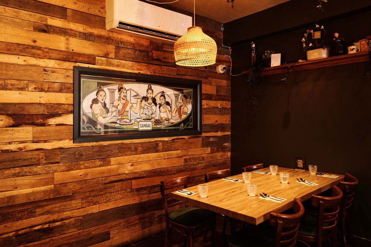 A table for six in the dining room of Sambal, an Indonesian restaurant