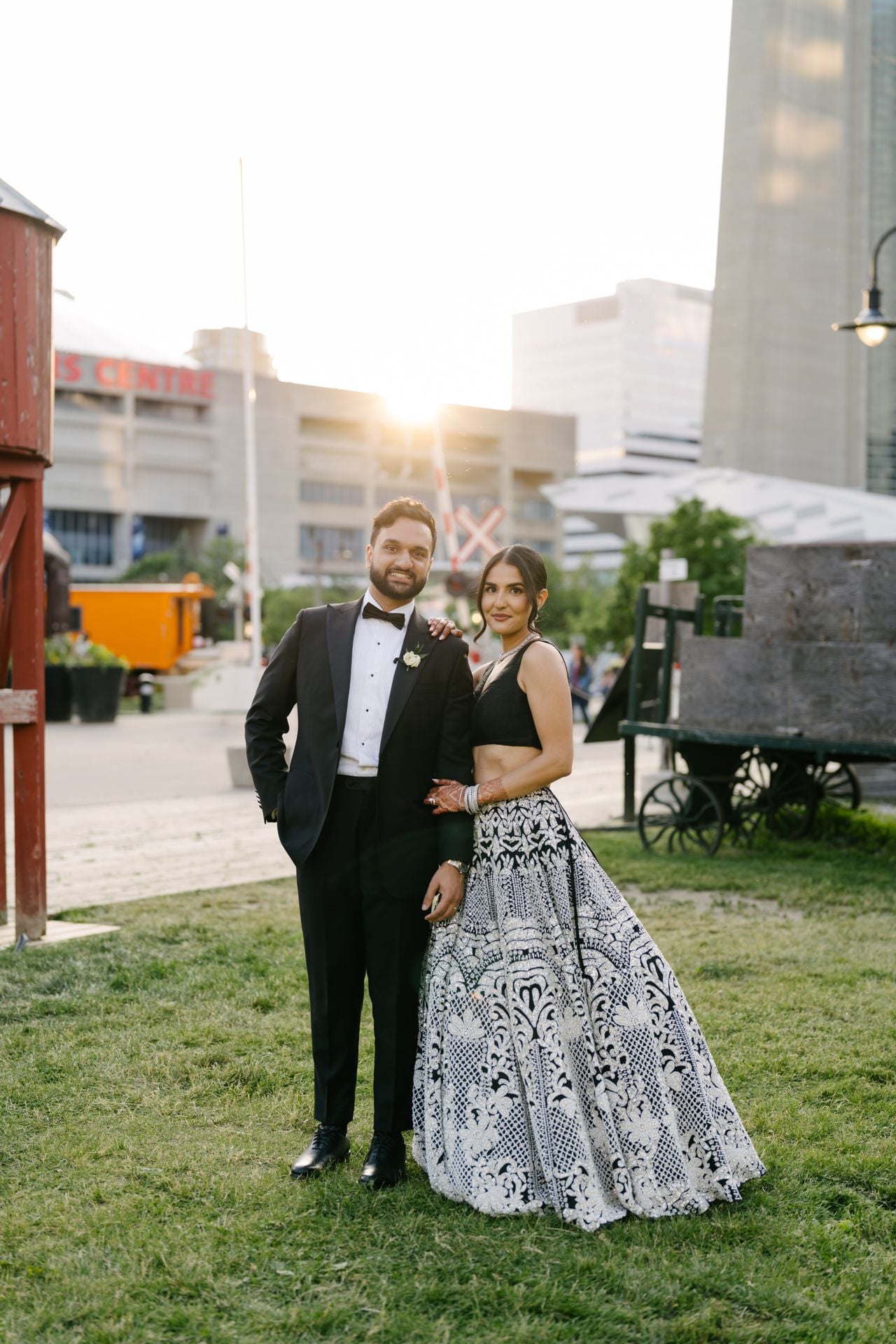 Smiling bride and groom
