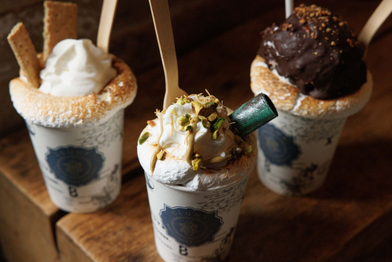 Three fancy hot chocolates from Cluny Bistro