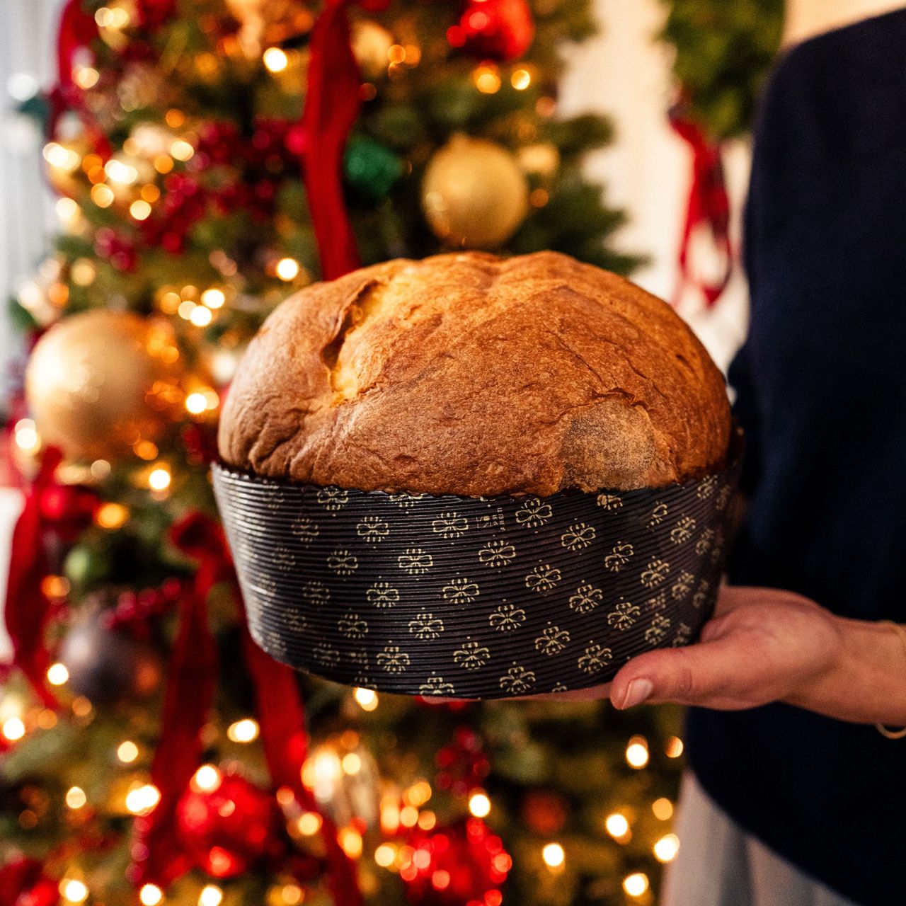 A person holds a panettone in front of a Christmas tree