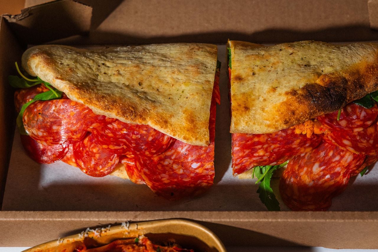 An Italian sandwich loaded with Calabrese salami