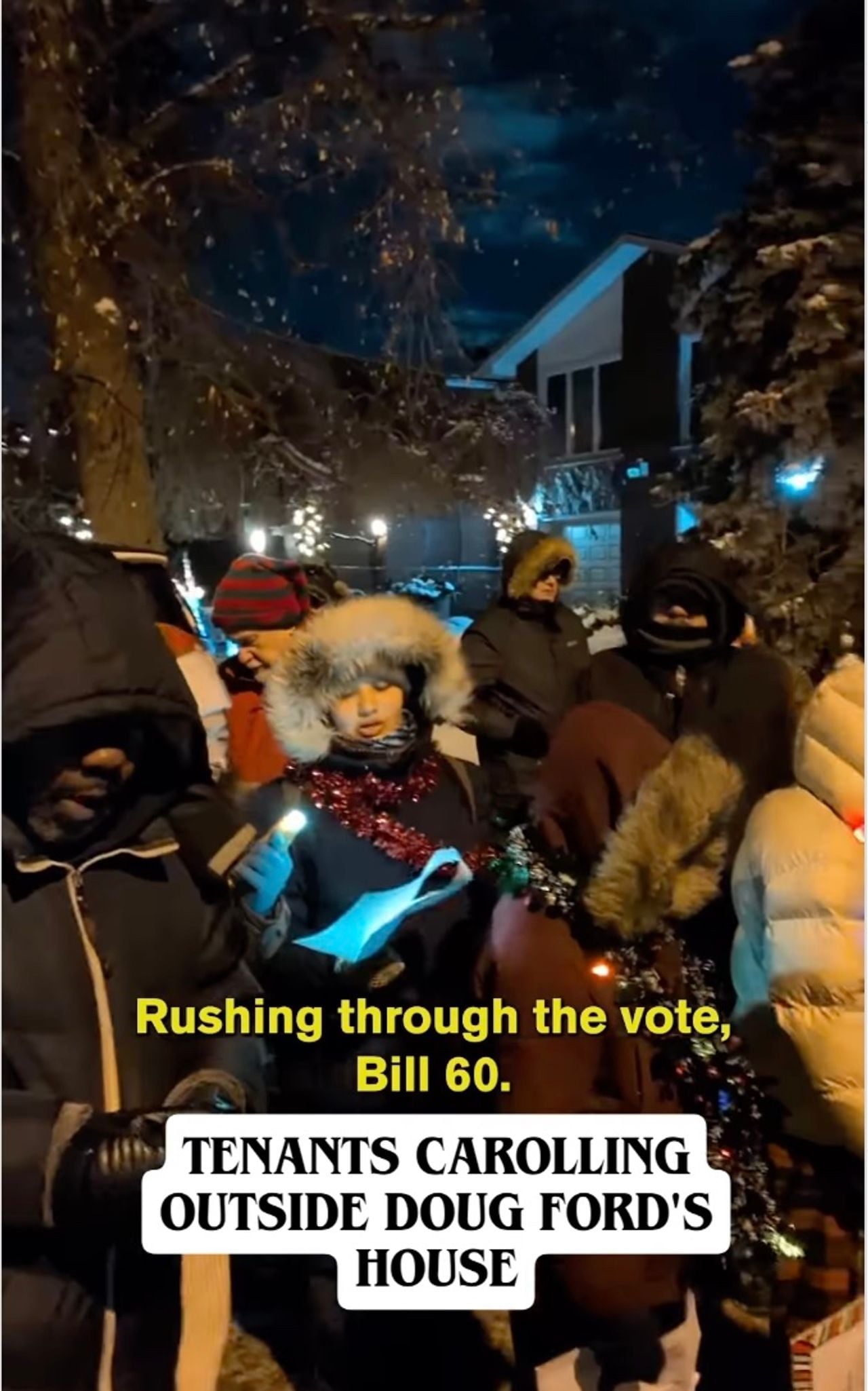 Christmas carollers visited Doug Ford's house to protest Bill 60