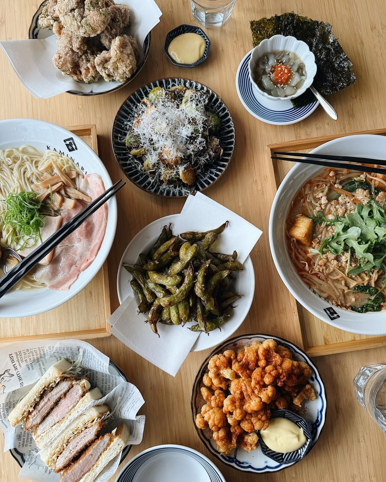 A spread at Kaminari Ramen Bar