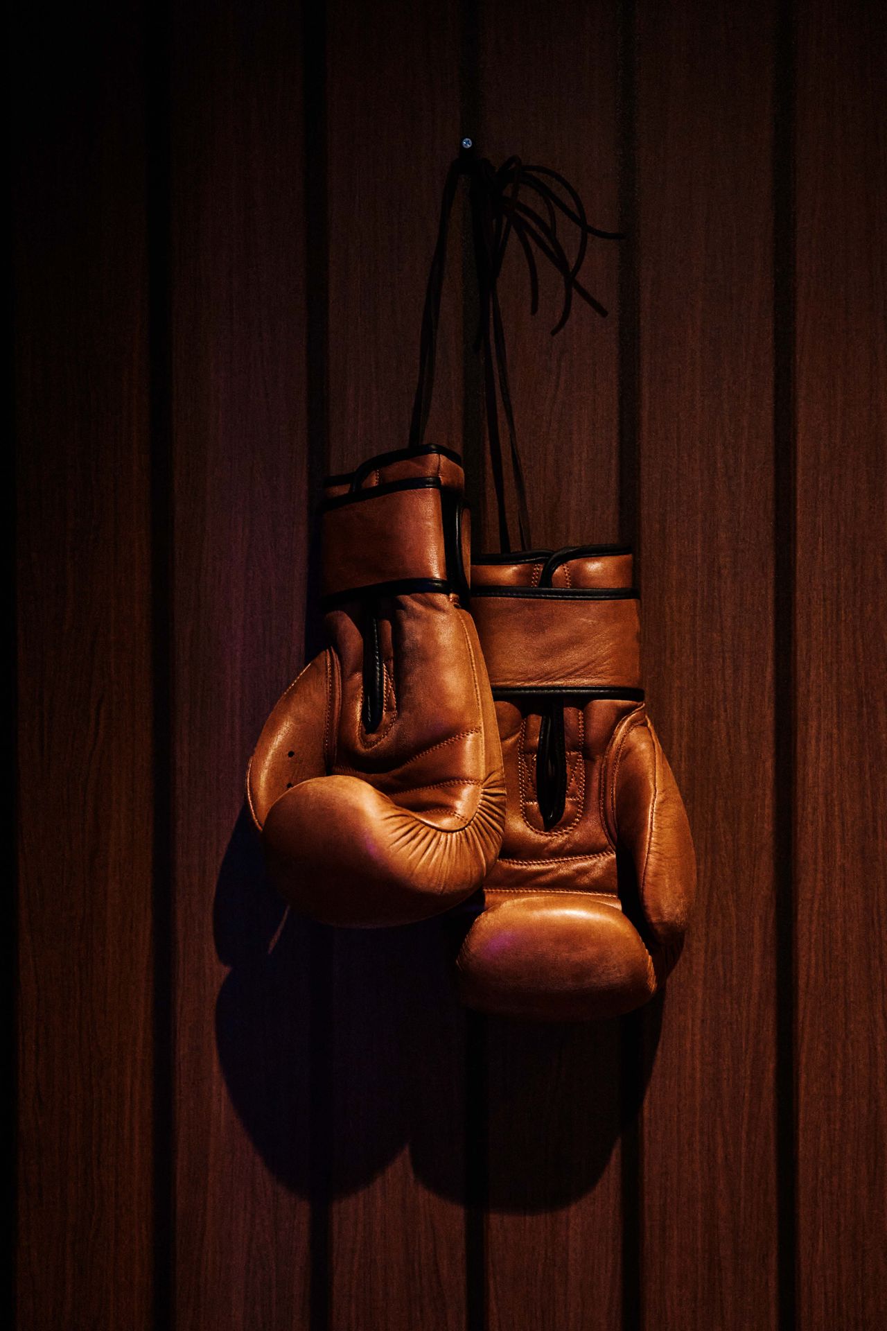 A pair of vintage leather boxing gloves