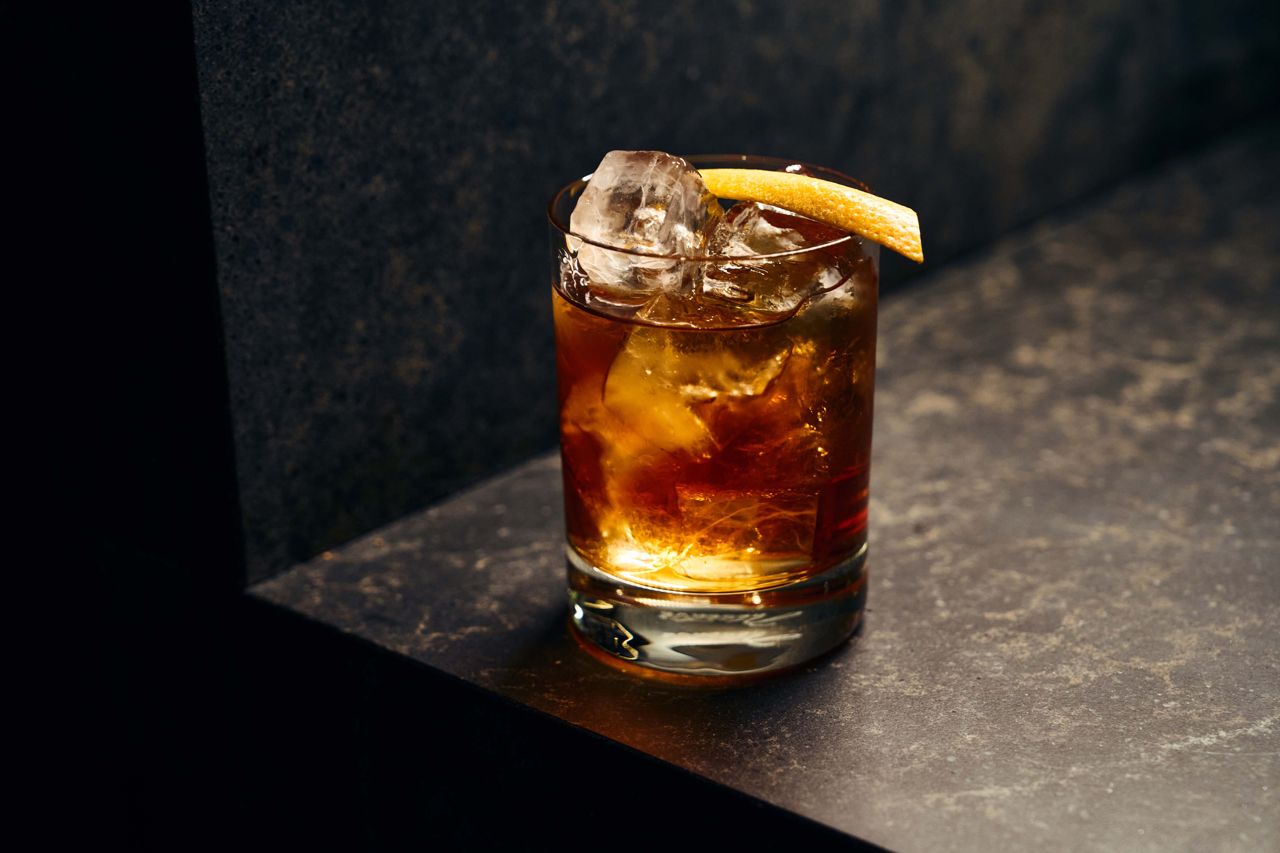 The house old fashioned is a blend of Canadian whisky and Calvados, duck-fat washed for 24 hours and lightly sweetened with Canadian maple syrup