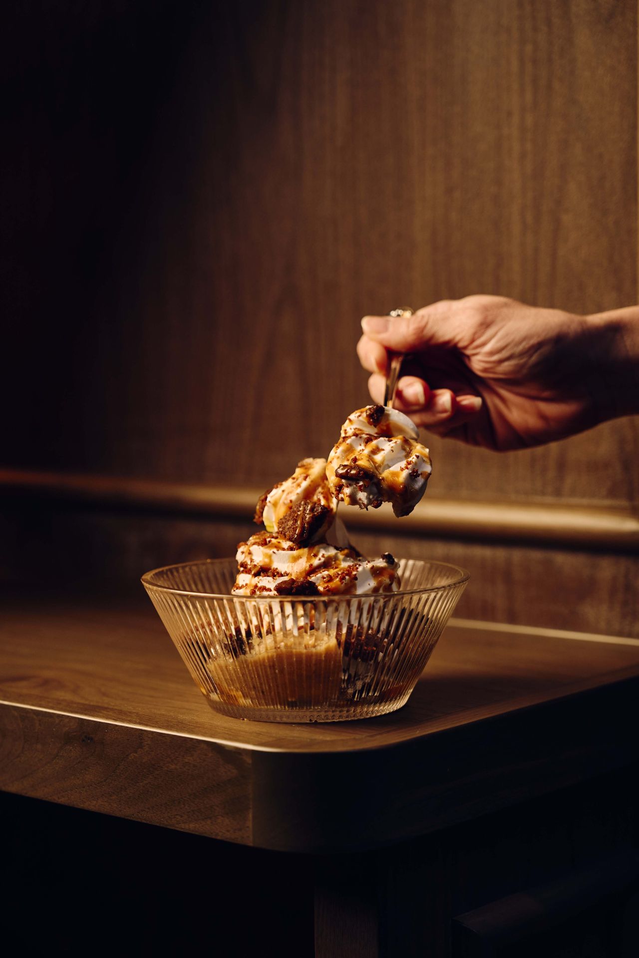 Banana soft serve made with brandied bananas meets bourbon, caramel, olive oil, salt and ginger snaps