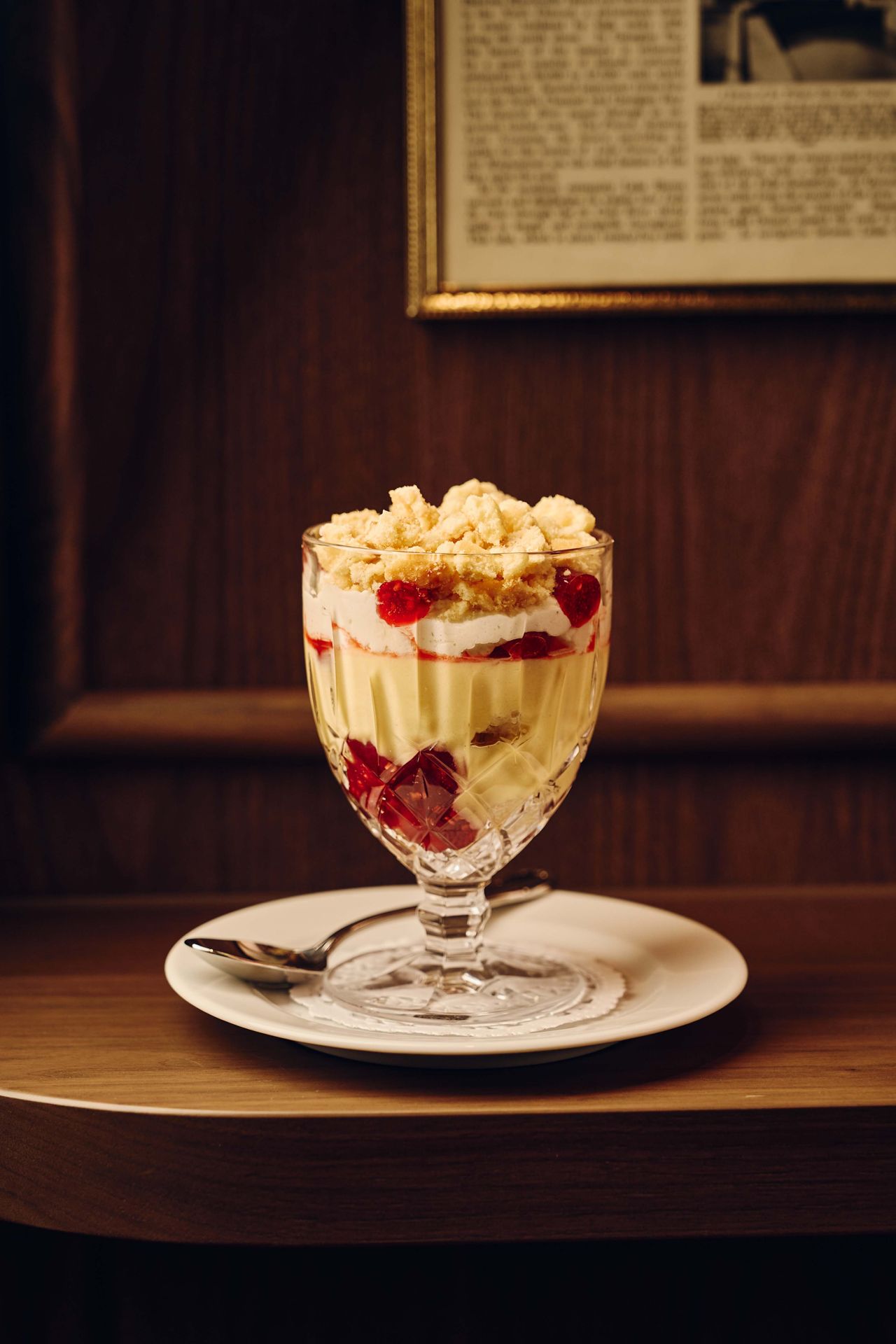 This classic trifle is layered with house-made angel food cake, raspberry jam, and cherry Chantilly cream