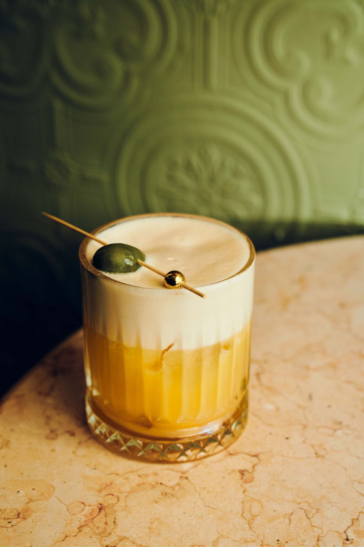 The Olive Oil Sour is a better-mousetrap take on the classic, built with Amaro Montenegro, very nice olive oil, lemon juice and egg white