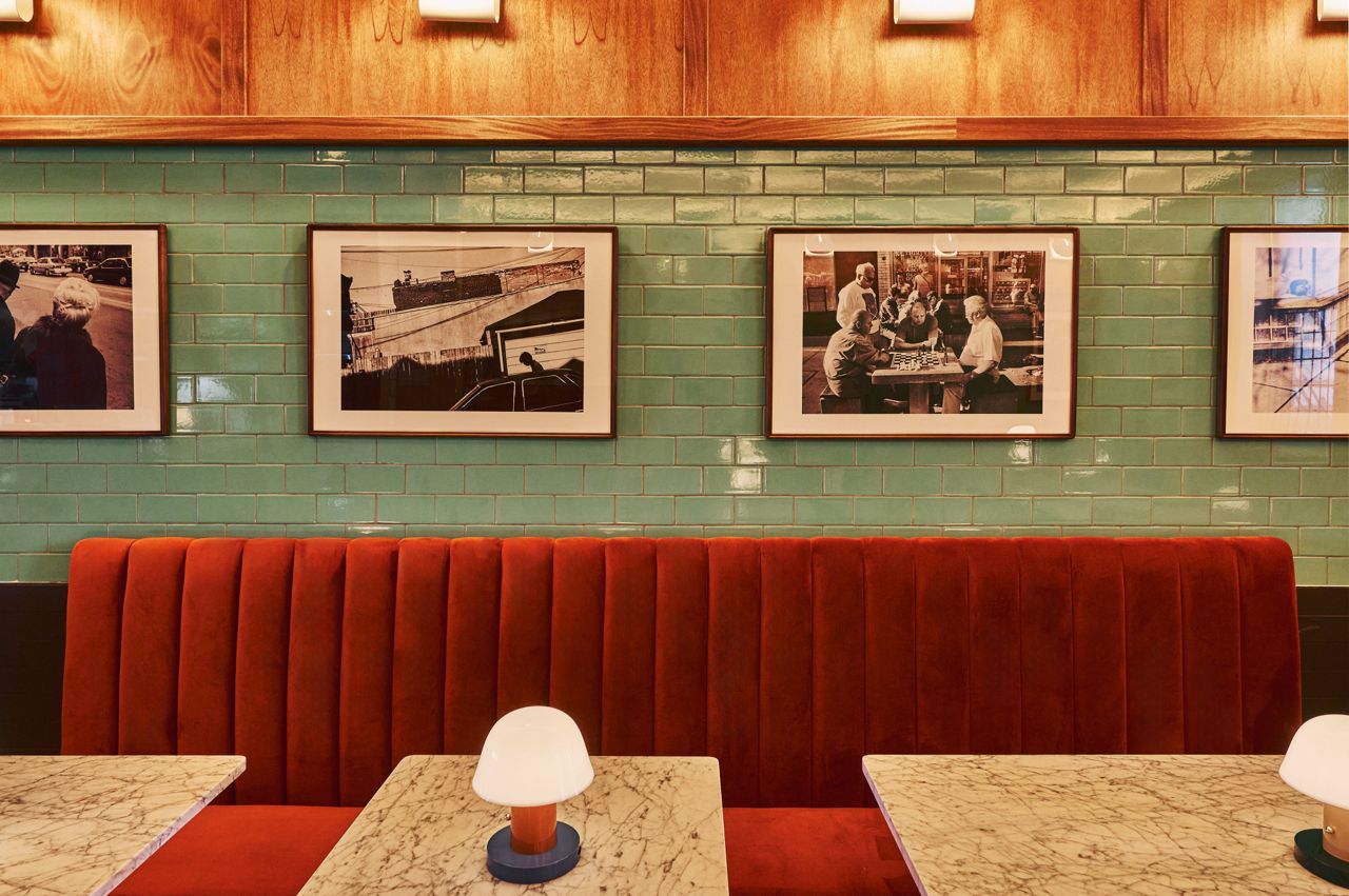 Velvet banquette seating at Proper