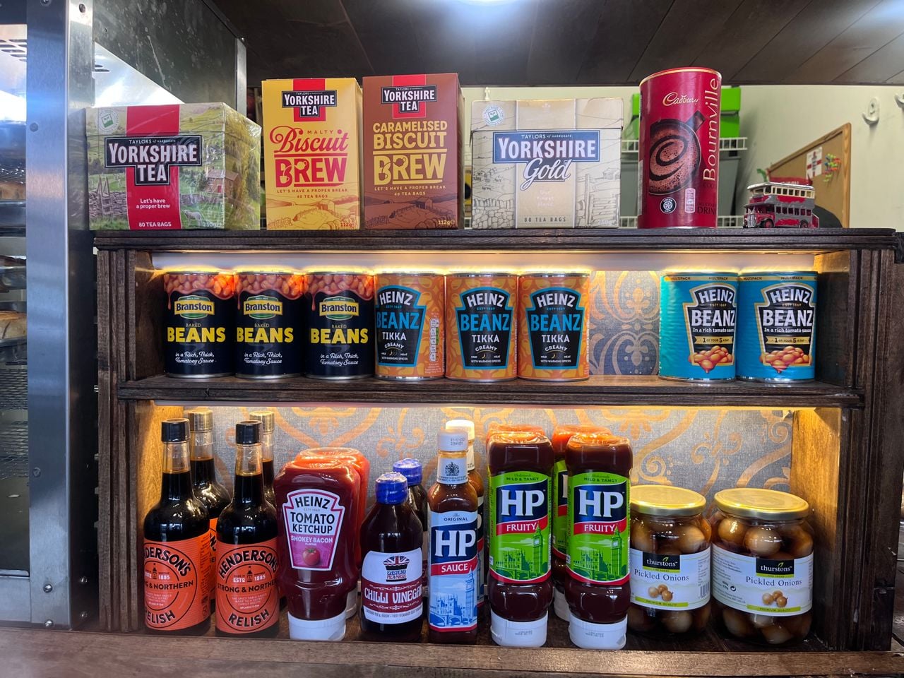 Shelves lined with British pantry goods