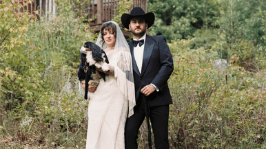 Inside a disco rodeo–themed wedding at a log cabin