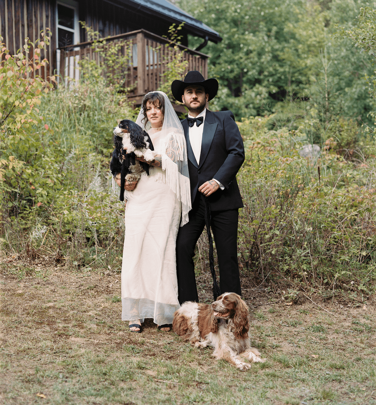 Inside a disco rodeo–themed wedding at a log cabin