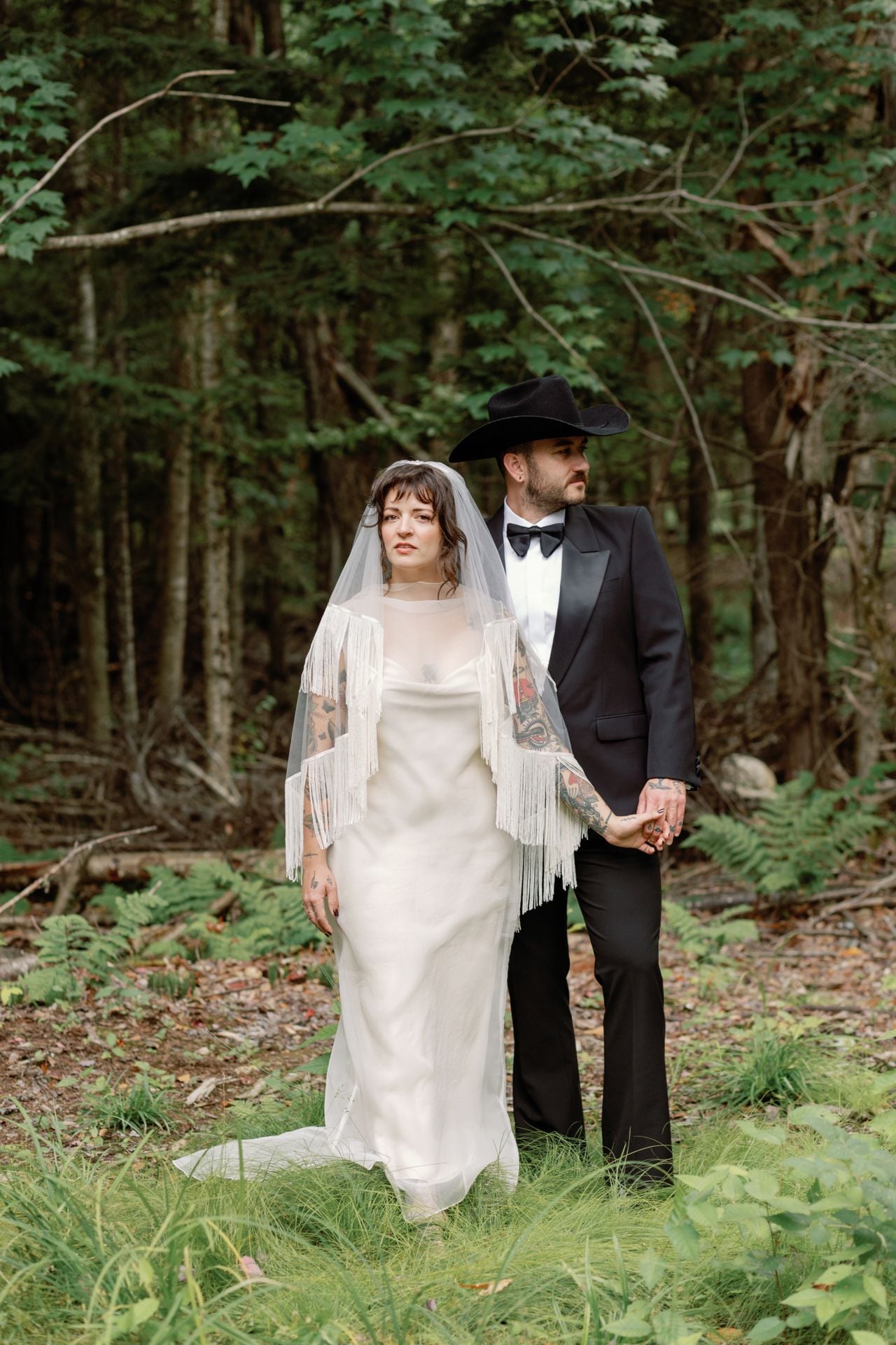 Inside a disco rodeo–themed wedding at a log cabin
