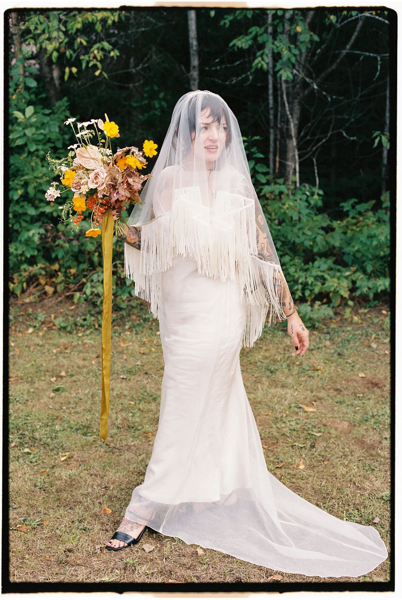 Inside a disco rodeo–themed wedding at a log cabin