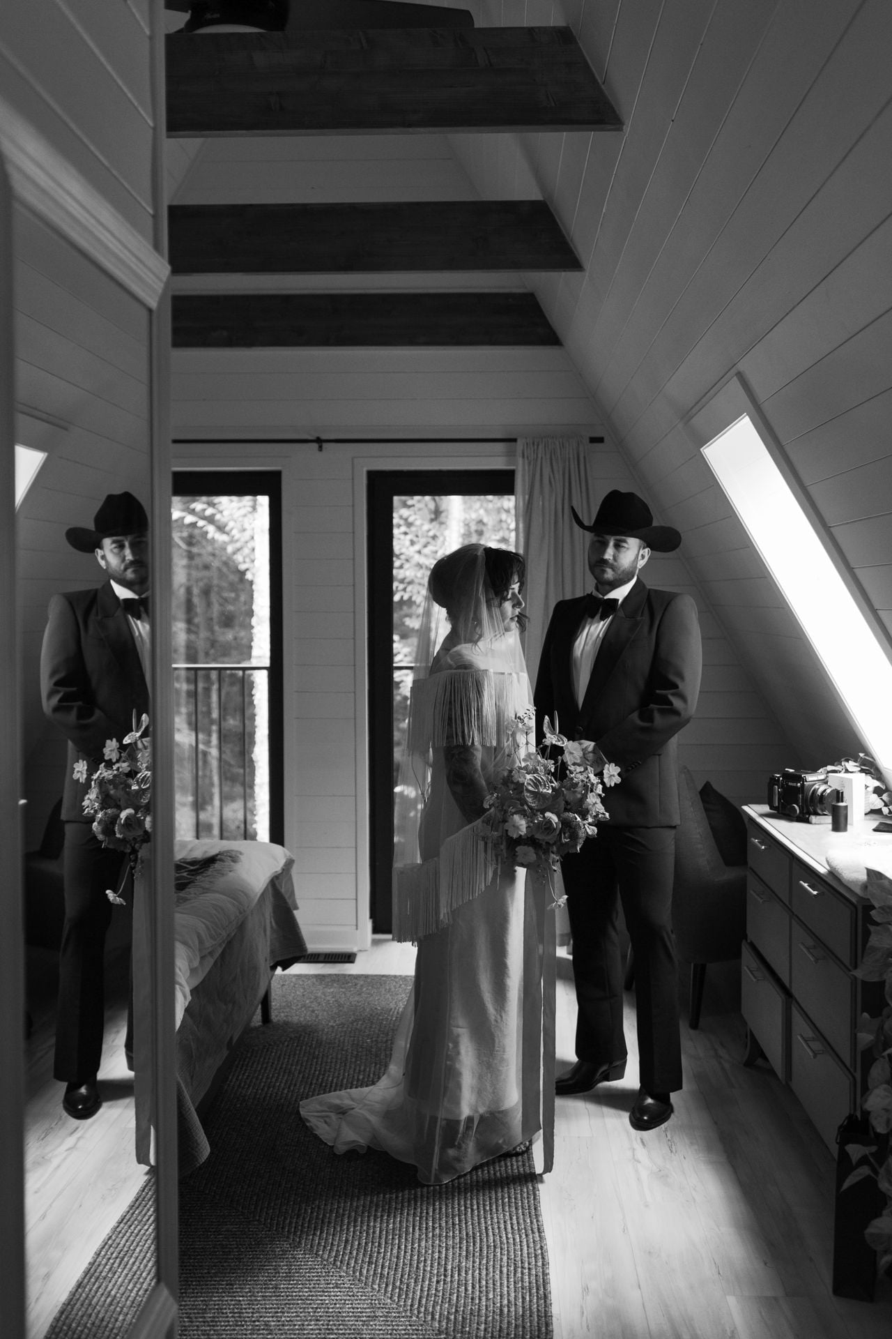 Inside a disco rodeo–themed wedding at a log cabin