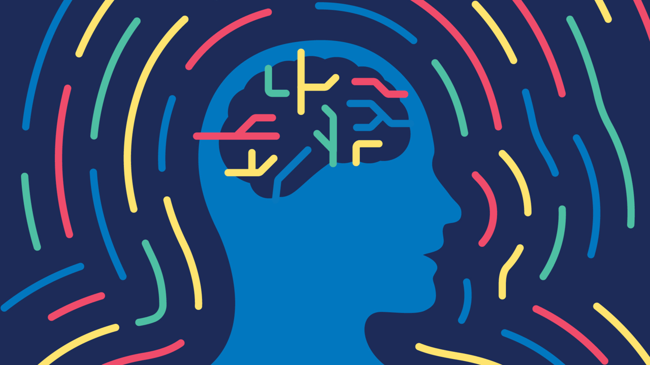 An illustration of a blue brain silhouette with colourful lines all around.
