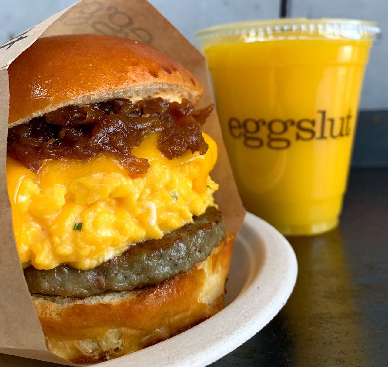 A sandwich and drink from Eggslut