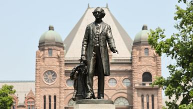 Vandalized with anti-Ford graffiti, statues at Queen’s Park are getting wrapped up