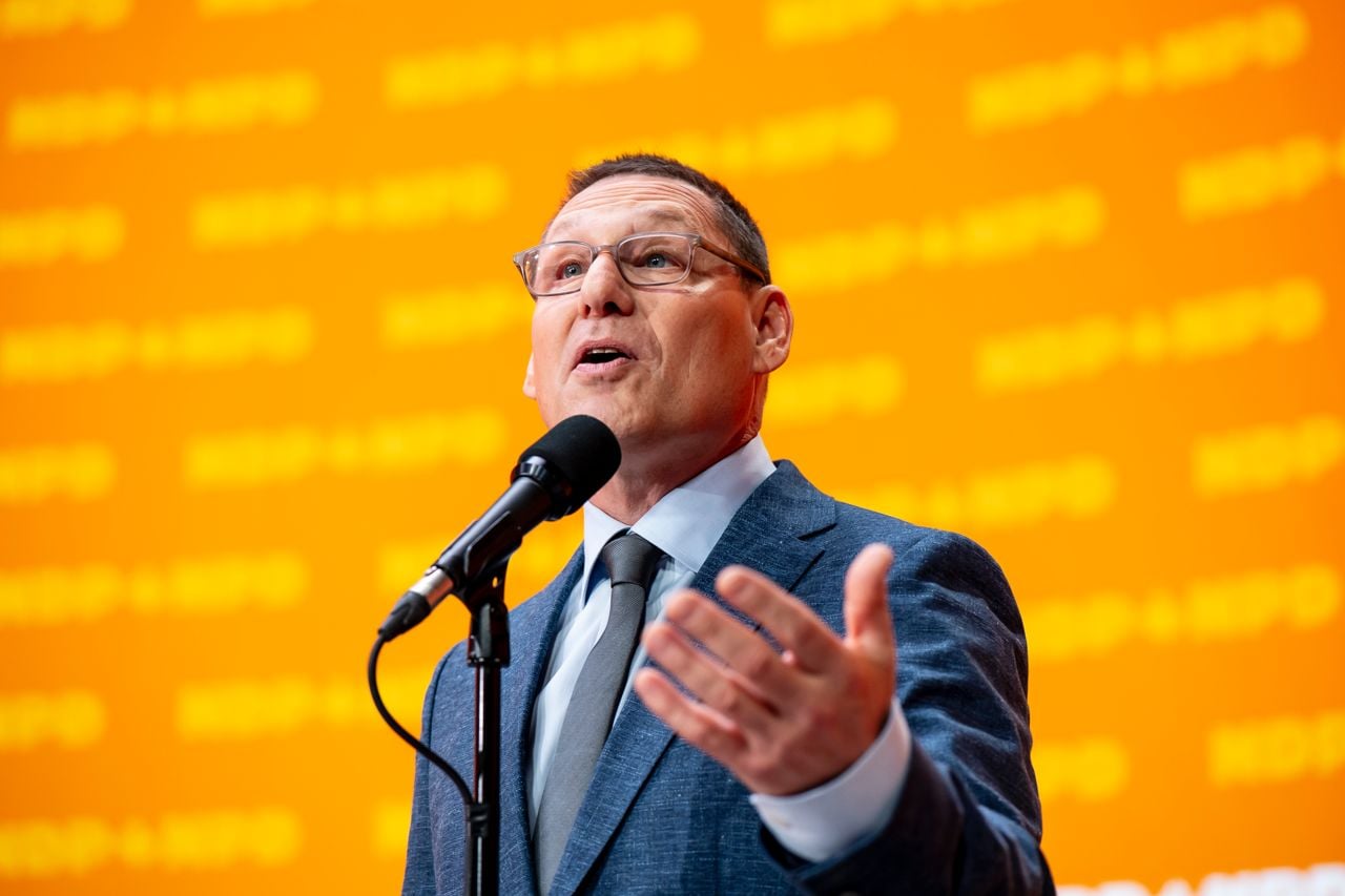 NDP leadership candidate Avi Lewis takes part in a media scrum following the NDP French language leadership debate, in Montreal on Thursday, November 27, 2025.
