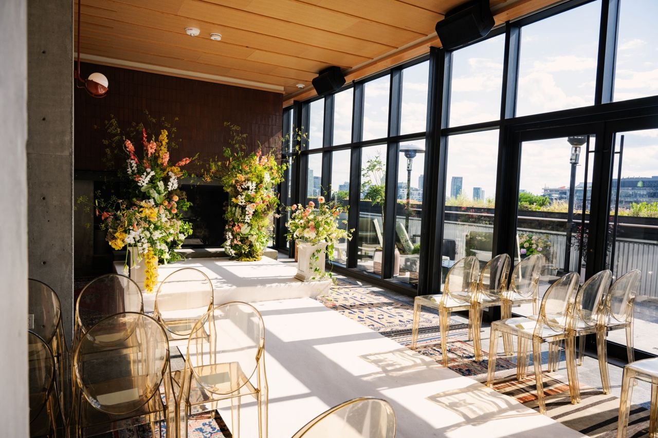 Bright light-filled room with skyline view