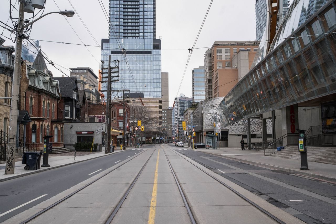 A stretch of Dundas Street West downtown devoid of people or traffic.