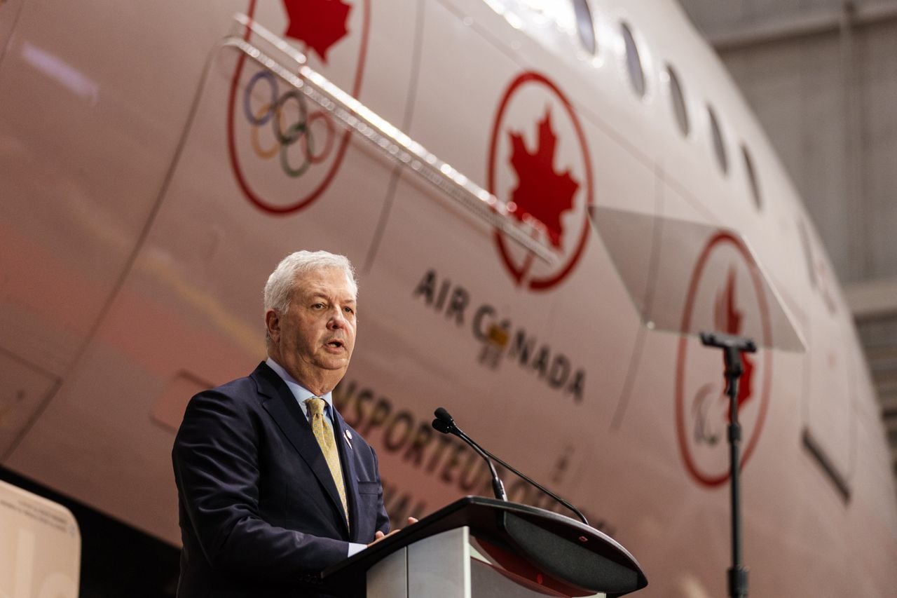 President and CEO of Air Canada Michael Rousseau. Team Air Canada athletes, Canadian Olympic and Paralympic leaders and Air Canada officials host a press conference in the lead up to the summer olympic games in Paris France.