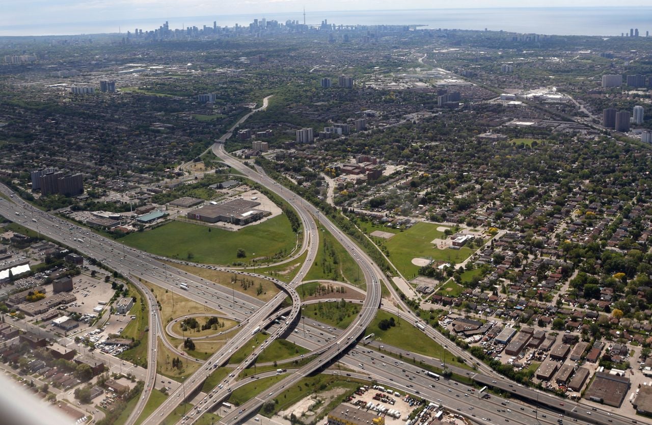 An aerial view of the Highway 401 and Highway 400 interchange on June 1, 2025, in Toronto, Canada.
