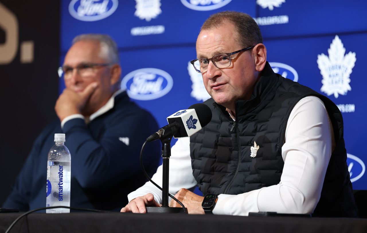 Leafs General Manager Brad Treliving chats to the media in September 2025.