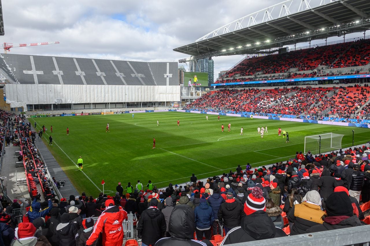 A view of BMO Field showing the new stands and expansion for the upcoming FIFA World Cup during the Toronto FC vs. Red Bull New York MLS regular season match at BMO Field.