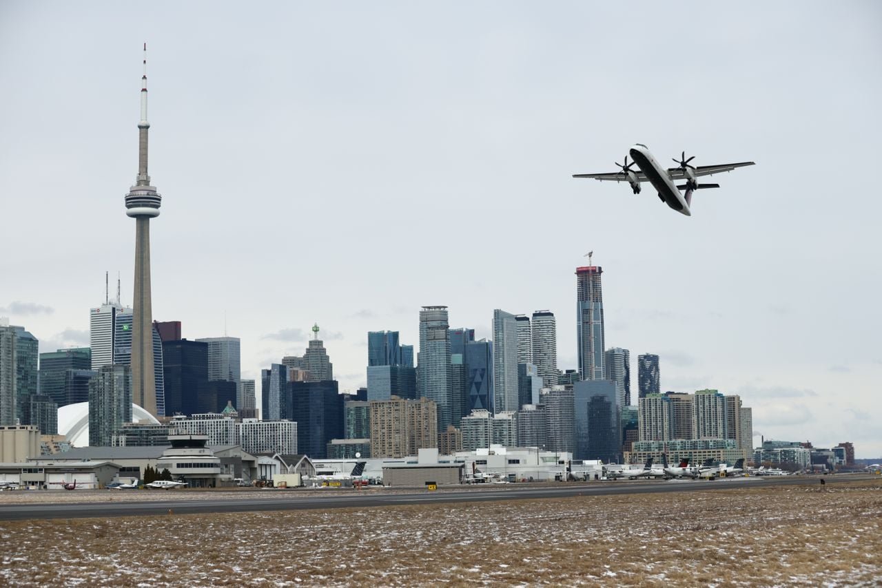 An Air Canada airplane takes off from Toronto Island Airport in Toronto, Ontario, Canada.