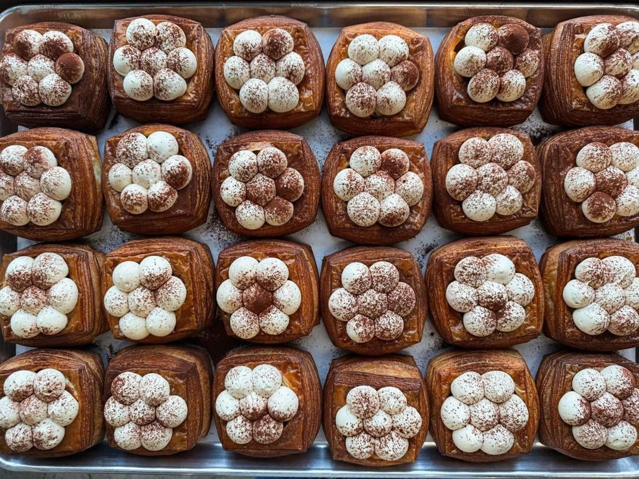 A tray of baked pastries topped with dollops of icing