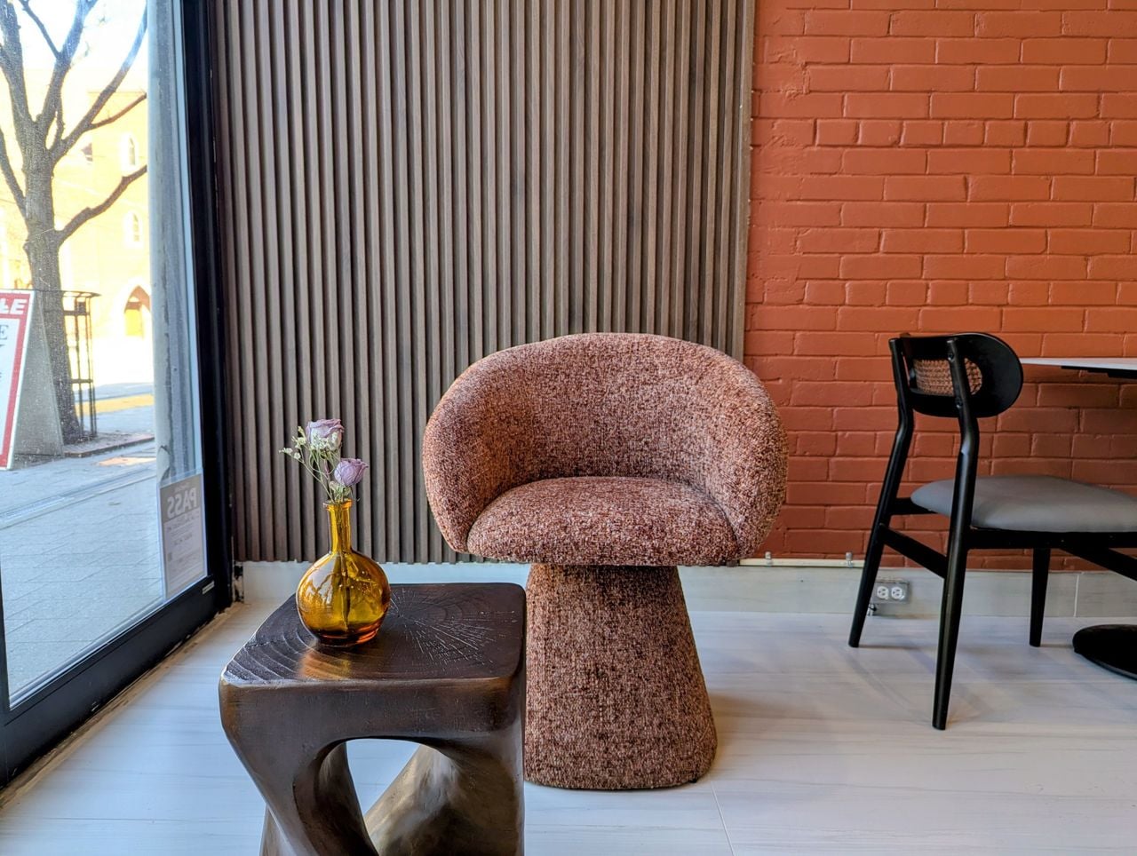 Mid-century modern furniture inside Café Russo