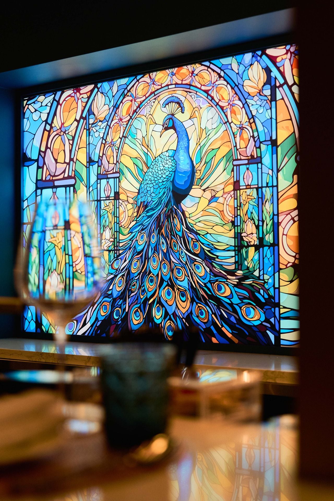 A closeup of the stained glass peacock behind the bar at Aangan