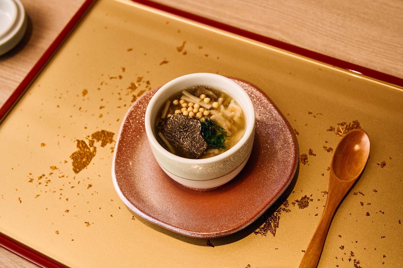 Ebi chawanmushi, a silken egg custard with black tiger shrimp and shaved Perigord truffle