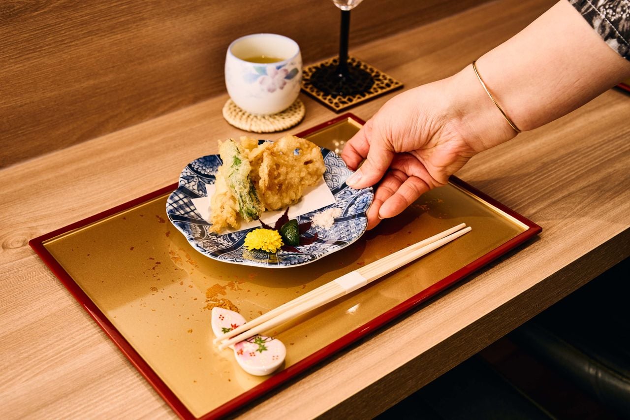 Tempura monkfish, sweet corn, shishito and lotus root, with moshio sea salt and lightly sweet dipping sauce