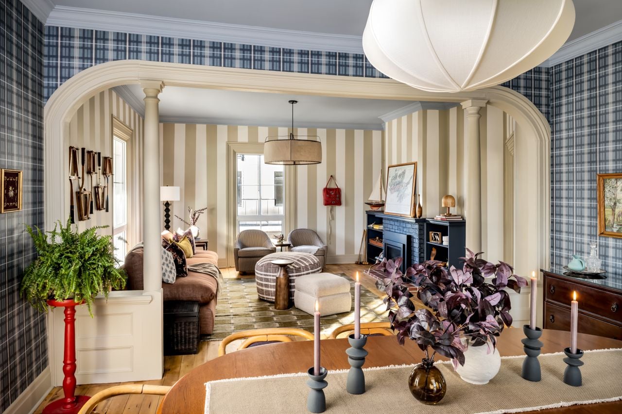 Living room with striped wallpaper