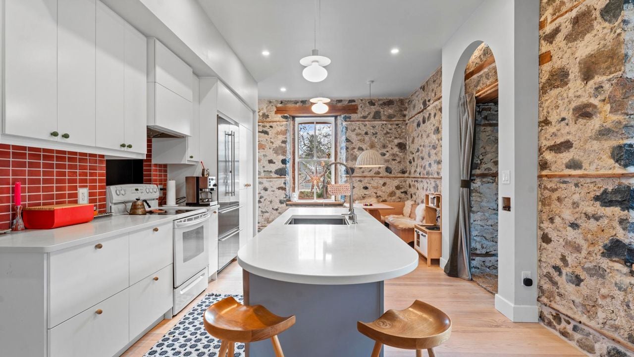 kitchen with stone wall