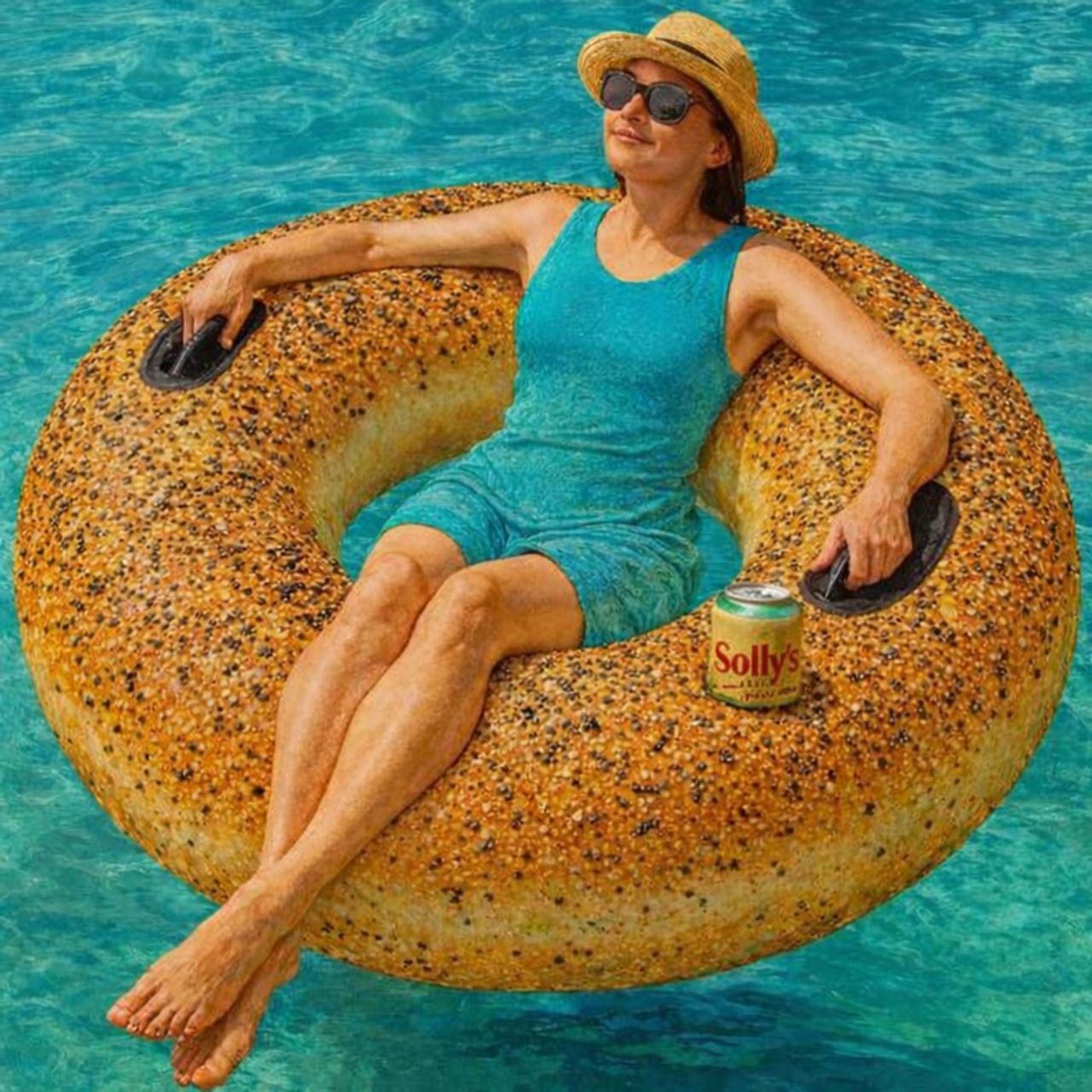 Artwork of a woman sitting in a pool float that looks like a bagel