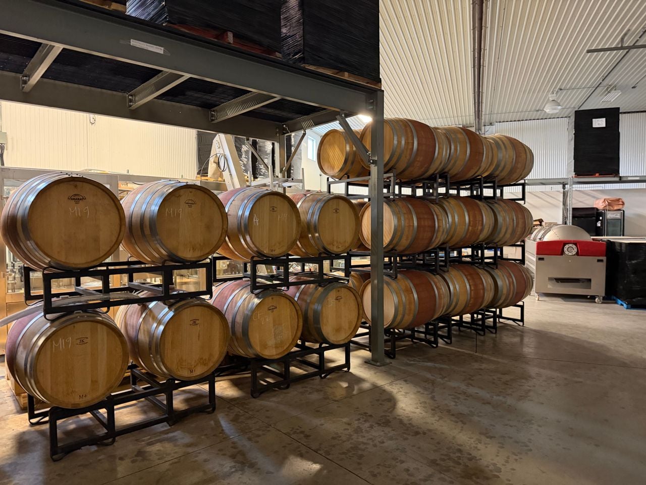 Barrels of wine at Holland Marsh Winery