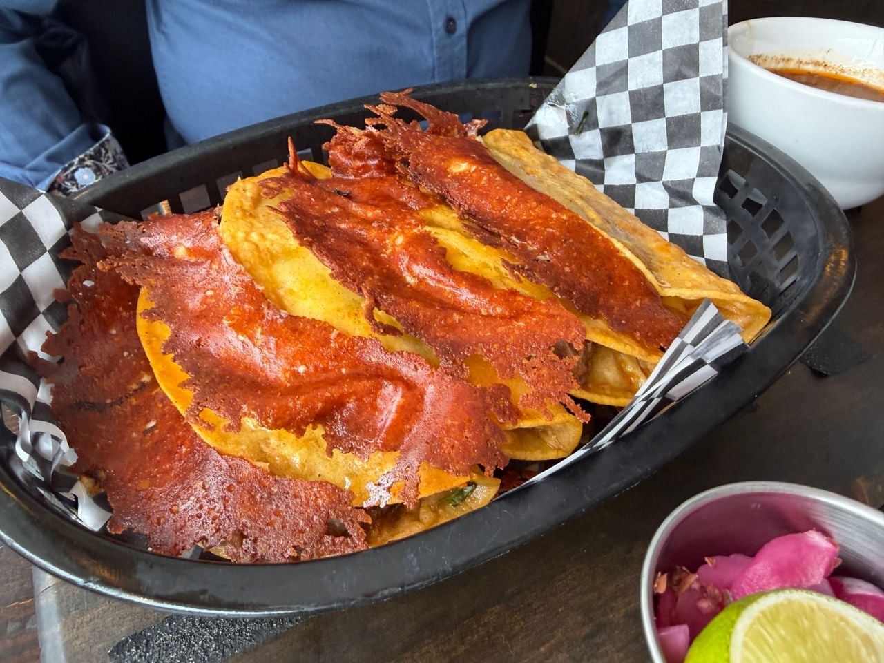 A basket of birria tacos