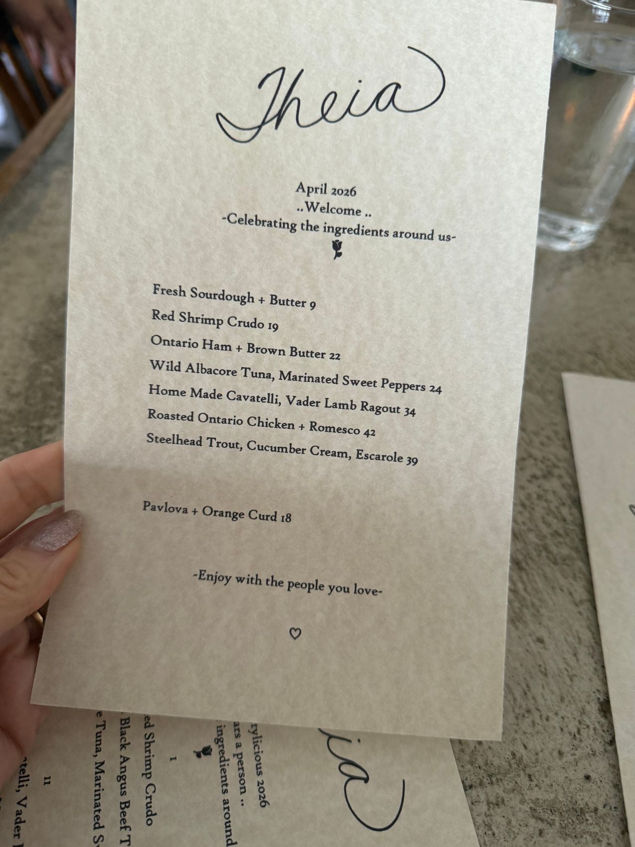 The menu at Theia