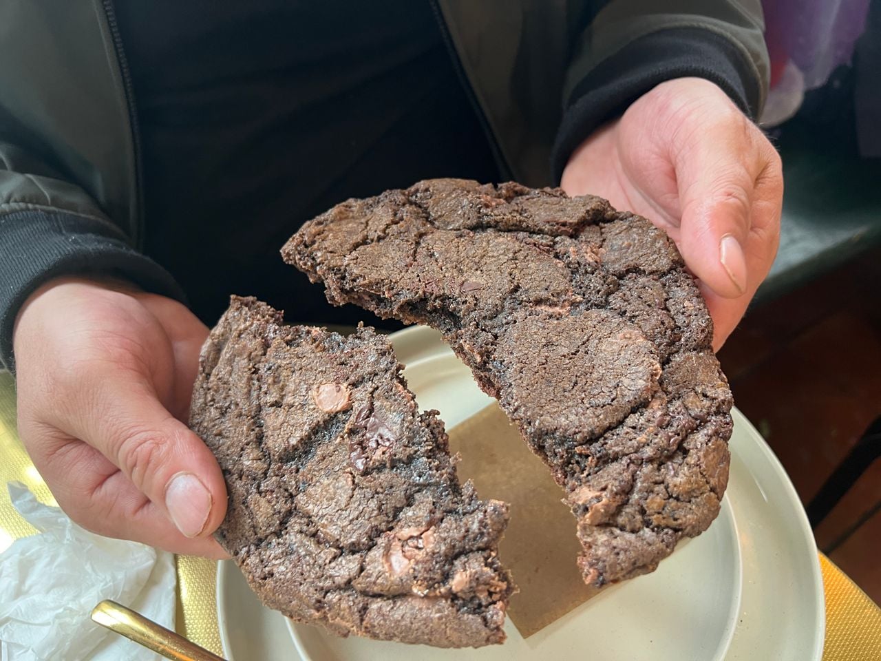 A giant espresso chocolate chip cookie