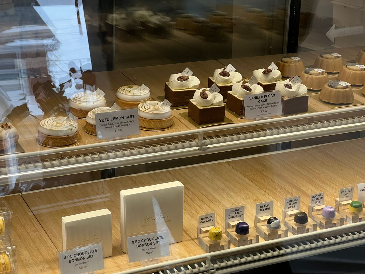 Pastries and bonbons in a display case