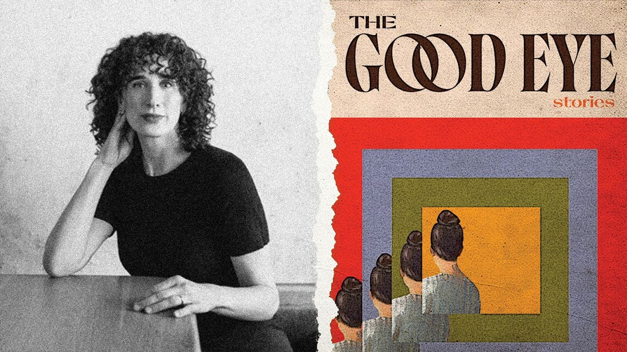 Woman with curly hair next to a book cover